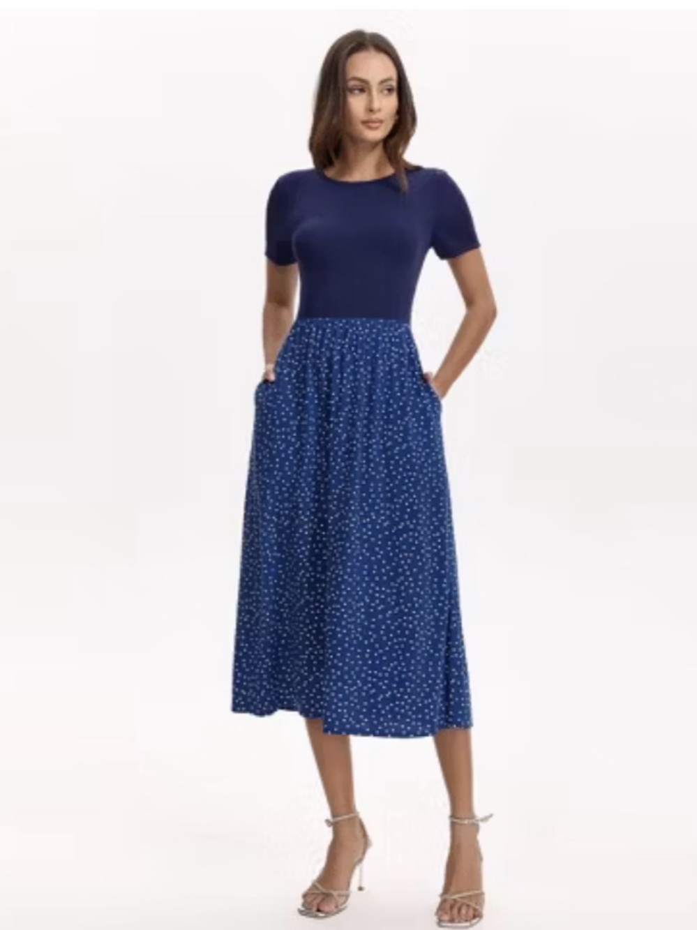 A New Day Women's Short Sleeve Contrast Midi Dress Navy Blue Polka Dots L NWT